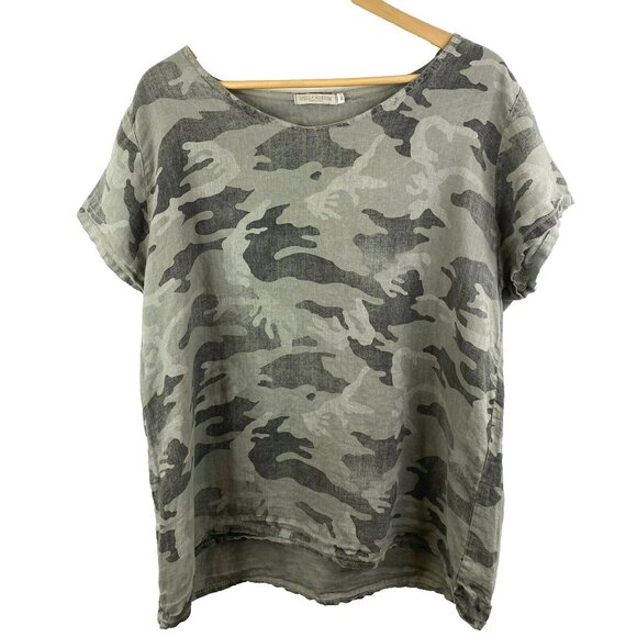 Stella Martini Blouse Top Shirt Womens Plus Size 1X Green Camo Camouflage Linen - Picture 1 of 3
